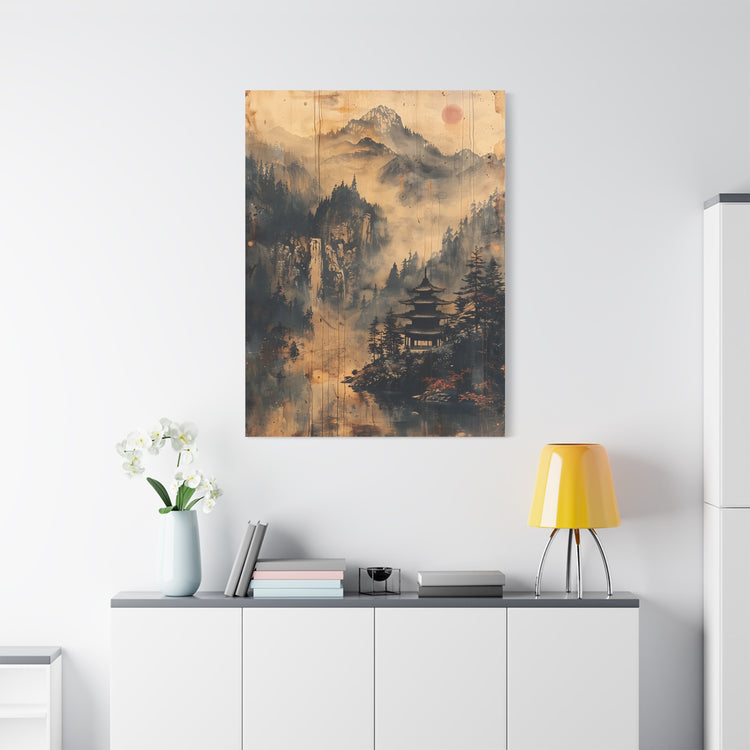 Zen Mountain Mist Canvas Art — Japanese Pagoda Landscape on Stretched Matte Canvas - The Art Hub