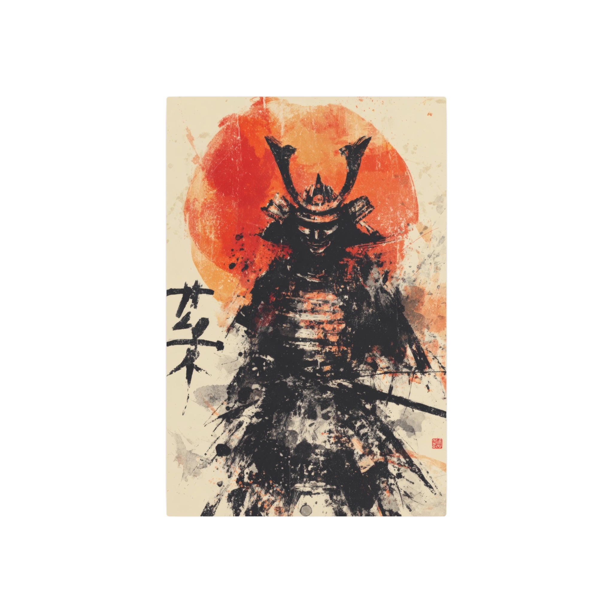Samurai Metal Art Sign — Ink Wash Warrior with Rising Sun