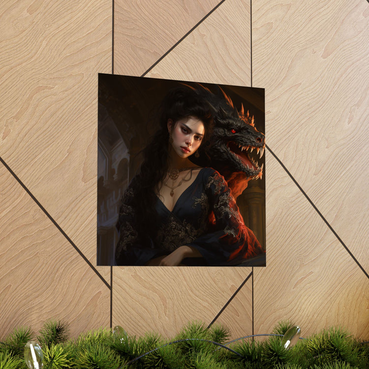 Fantasy Portrait Poster — Dark Sorceress with Dragon Matte Vertical Print - The Art Hub