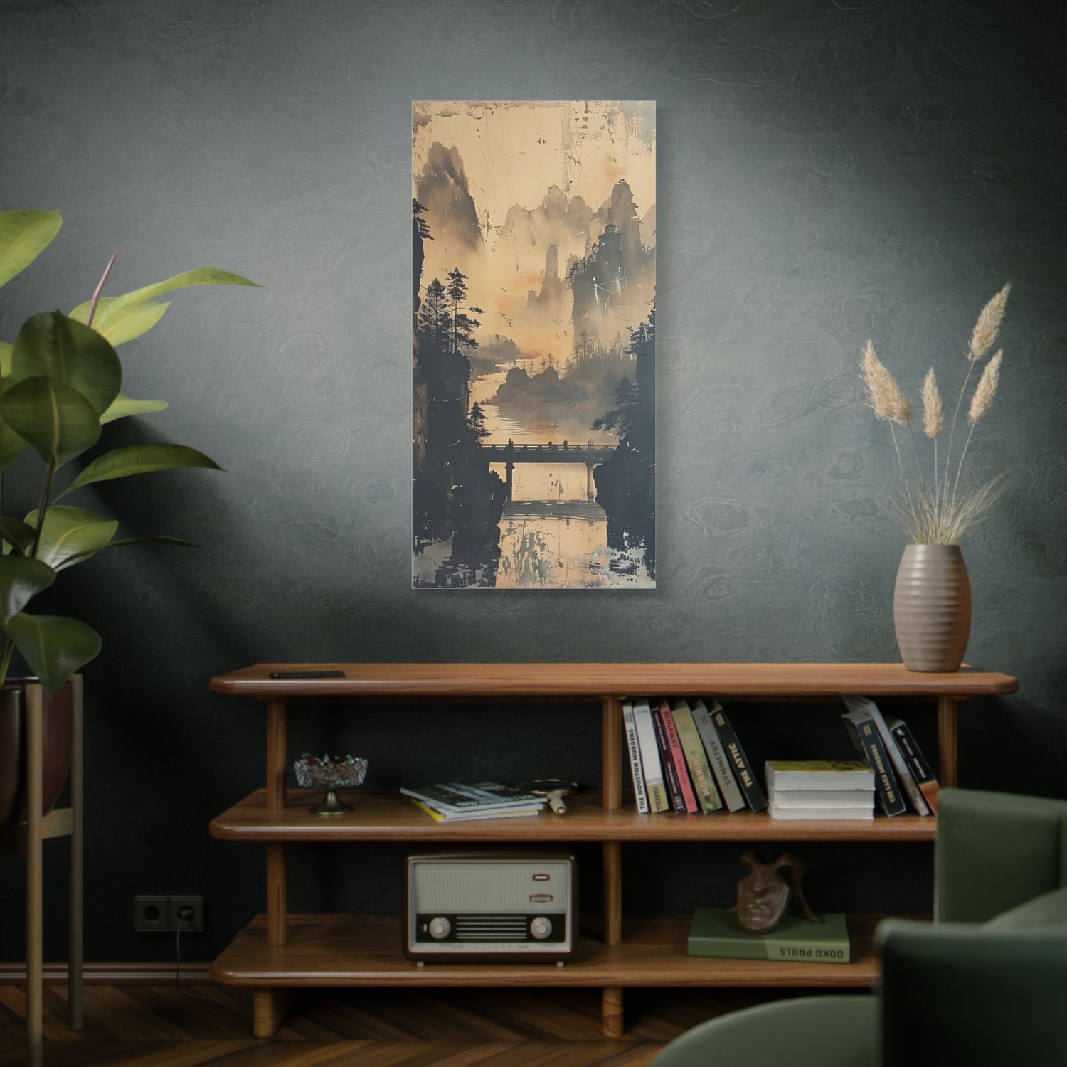 Serene Mountain Bridge Canvas Wall Art — East Asian Landscape Matte Stretched Print - The Art Hub
