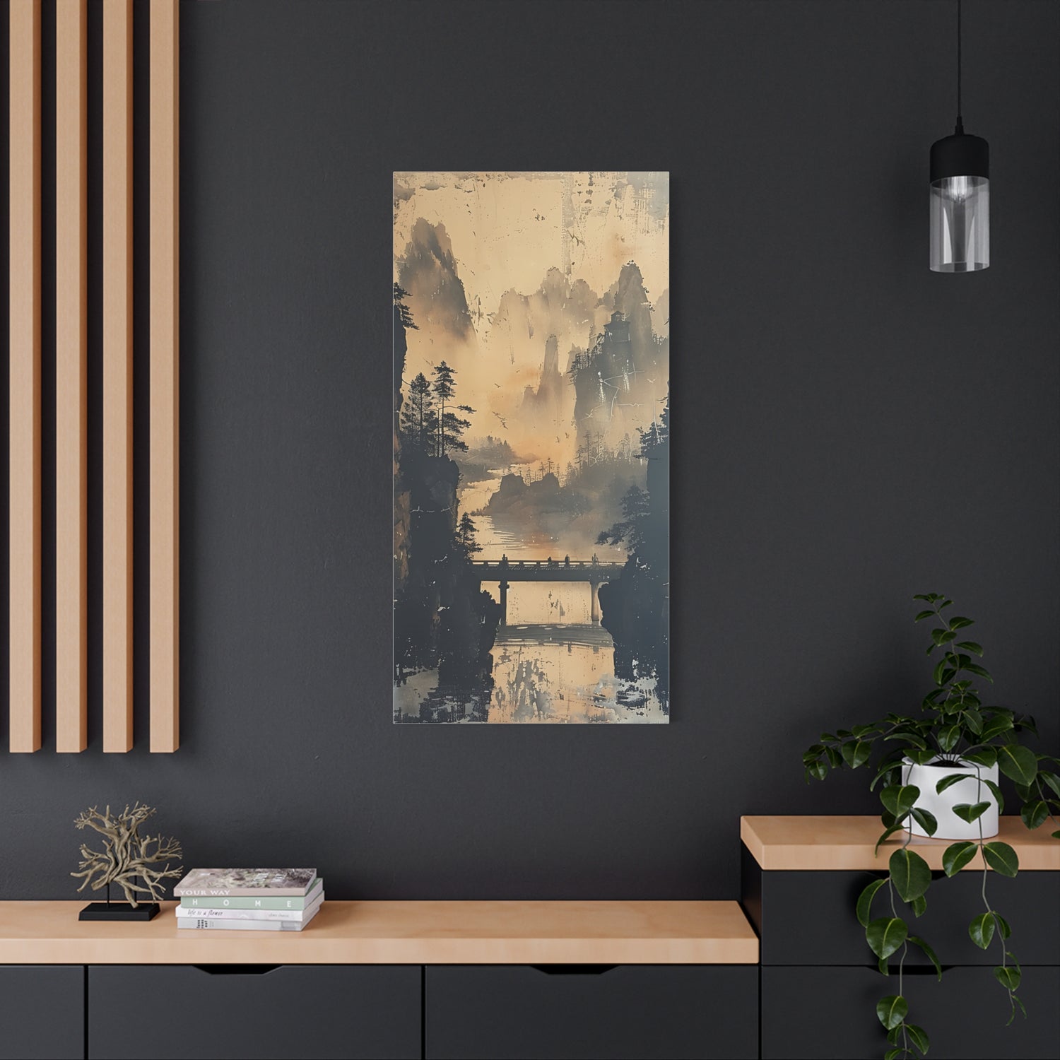 Serene Mountain Bridge Canvas Wall Art — East Asian Landscape Matte Stretched Print - The Art Hub