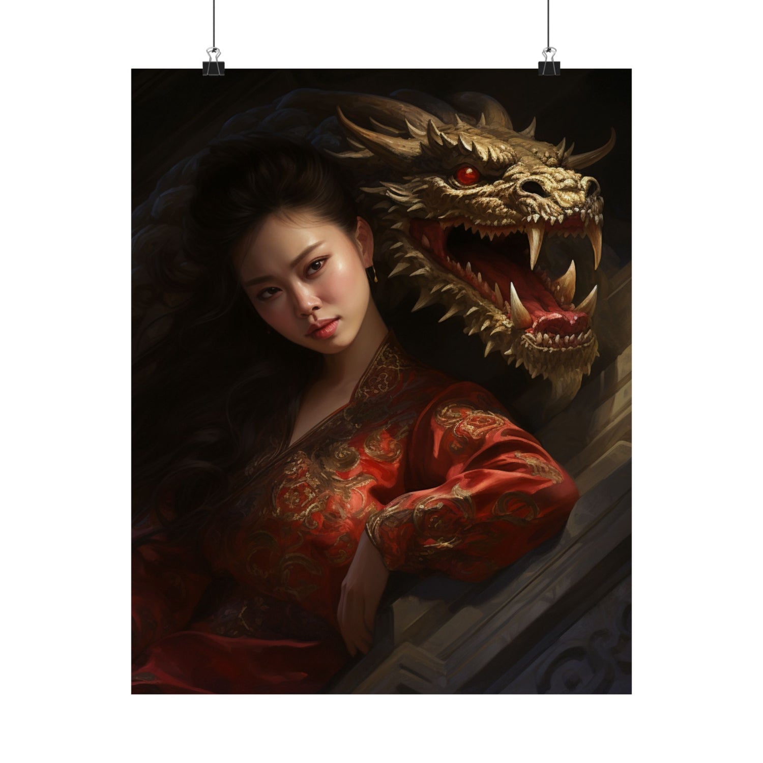 Matte Vertical Poster — Asian Warrior Woman with Dragon Art Print - The Art Hub
