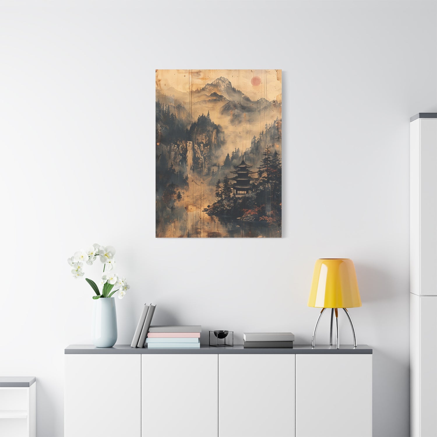 Zen Mountain Mist Canvas Art — Japanese Pagoda Landscape on Stretched Matte Canvas - The Art Hub