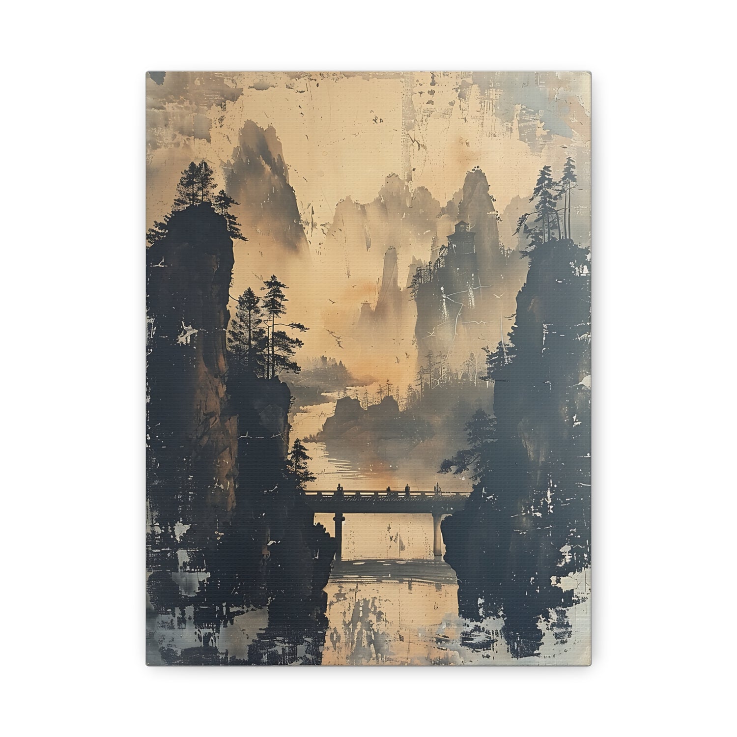Serene Mountain Bridge Canvas Wall Art — East Asian Landscape Matte Stretched Print - The Art Hub