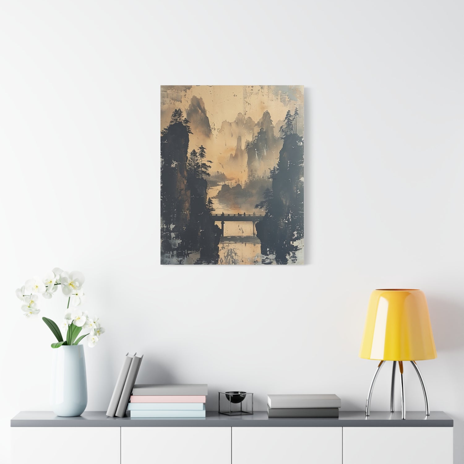 Serene Mountain Bridge Canvas Wall Art — East Asian Landscape Matte Stretched Print - The Art Hub