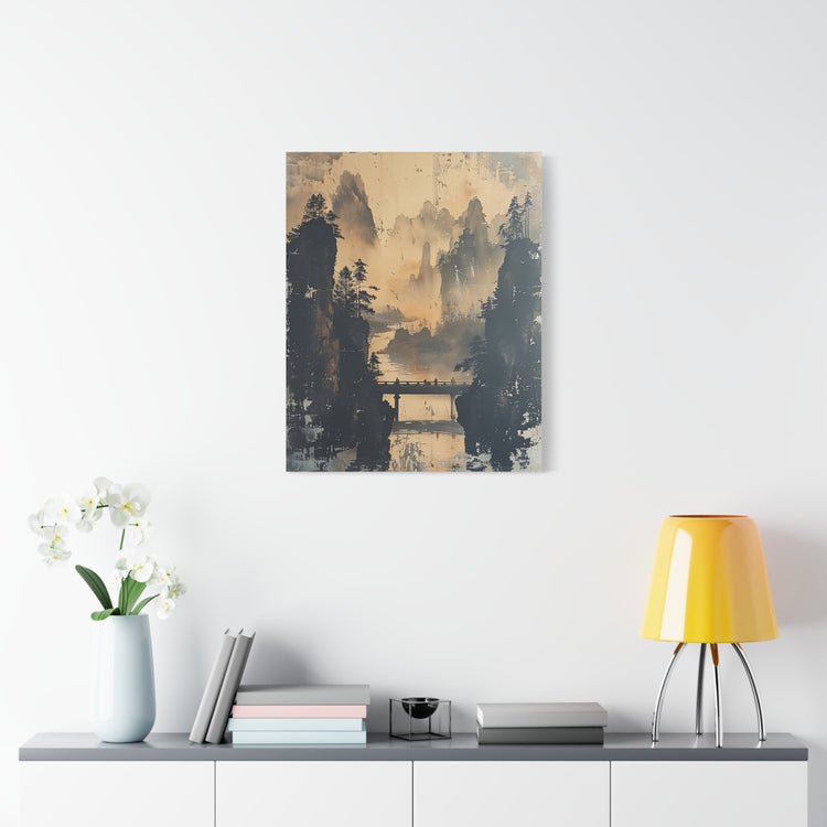 Serene Mountain Bridge Canvas Wall Art — East Asian Landscape Matte Stretched Print - The Art Hub
