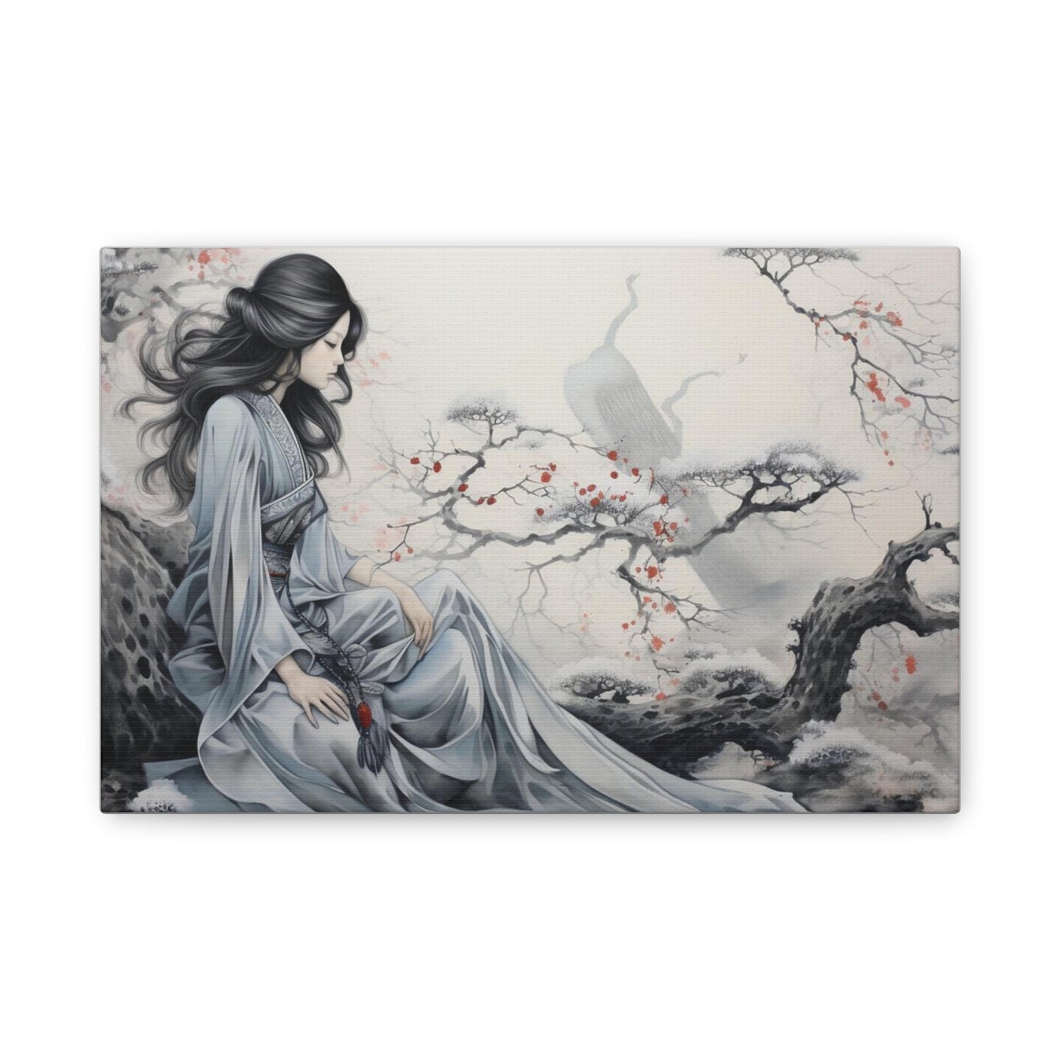 Canvas Wall Art Serene Geisha in Misty Cherry Blossom - The Art Hub
