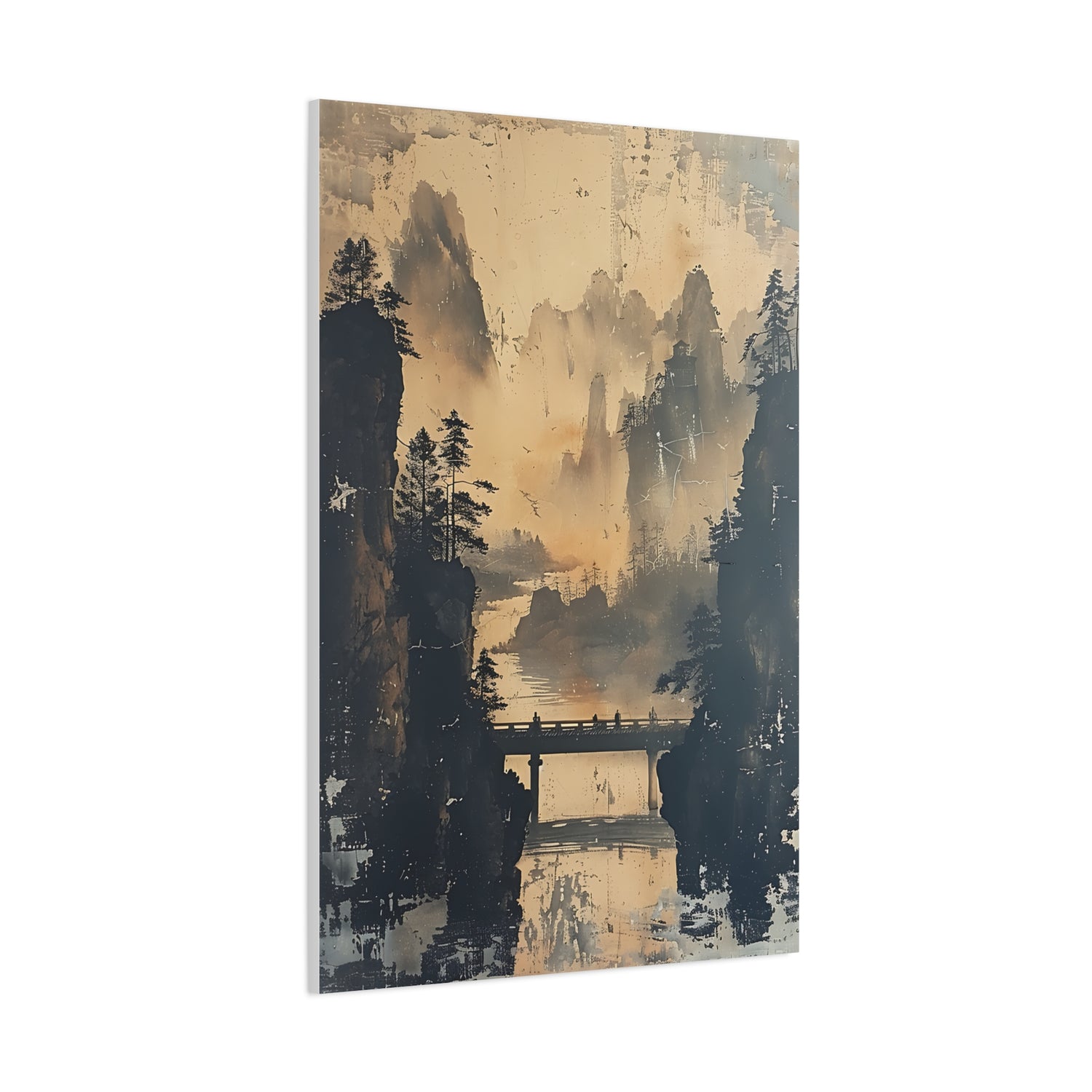 Serene Mountain Bridge Canvas Wall Art — East Asian Landscape Matte Stretched Print - The Art Hub