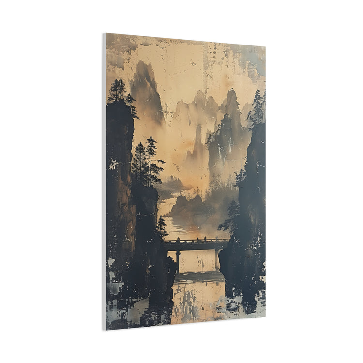 Serene Mountain Bridge Canvas Wall Art — East Asian Landscape Matte Stretched Print - The Art Hub