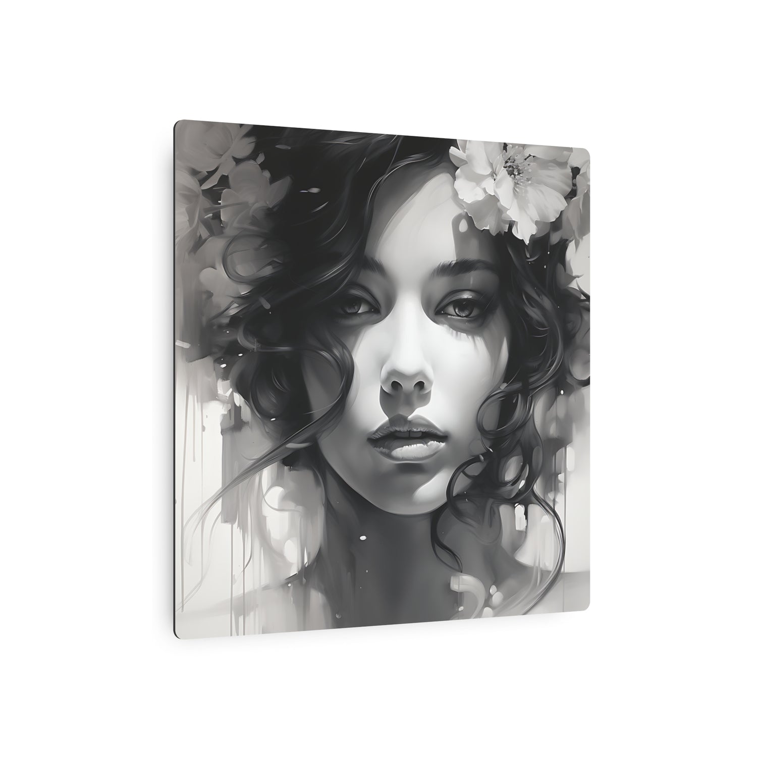 Metal Wall Art Sign — Monochrome Portrait of Woman with Floral Accents - The Art Hub