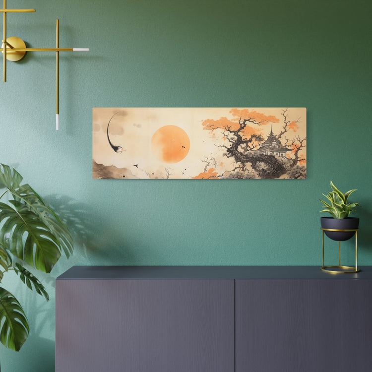 Japanese Landscape Metal Art Orange Sun & Bonsai Trees Wall Decor - The Art Hub