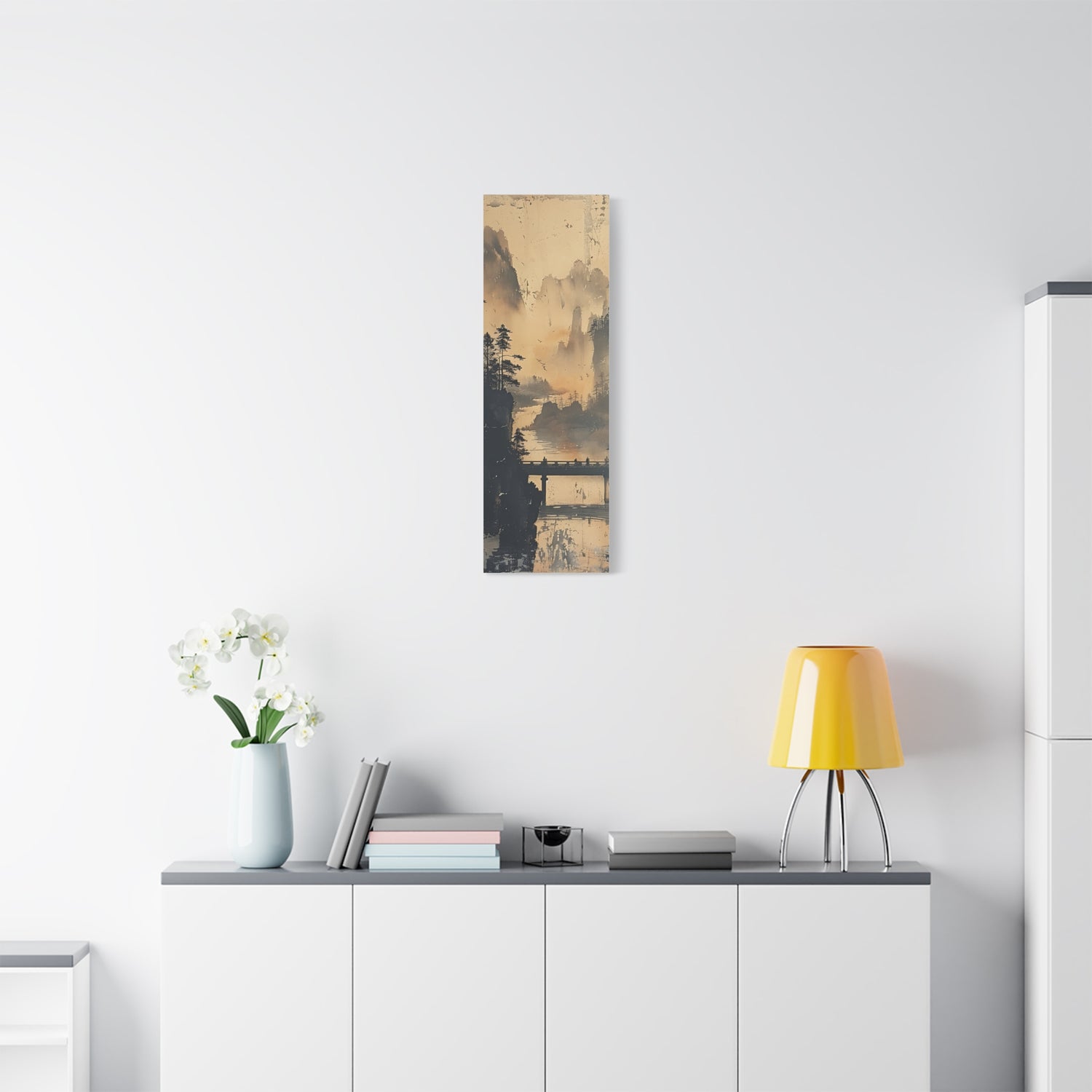 Serene Mountain Bridge Canvas Wall Art — East Asian Landscape Matte Stretched Print - The Art Hub