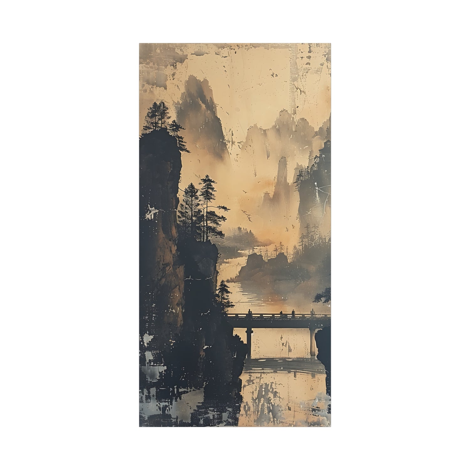Serene Mountain Bridge Canvas Wall Art — East Asian Landscape Matte Stretched Print - The Art Hub