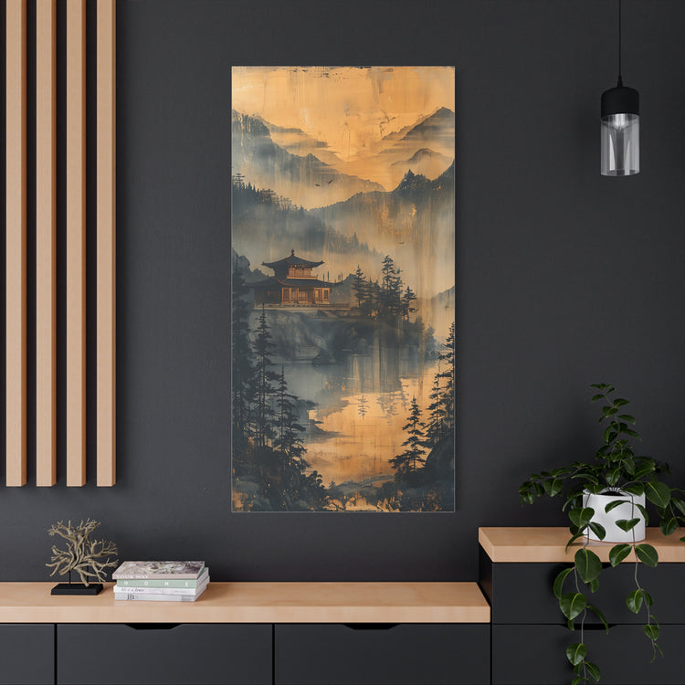 Golden Mist Mountain Landscape Canvas — Asian Pagoda Wall Art - The Art Hub