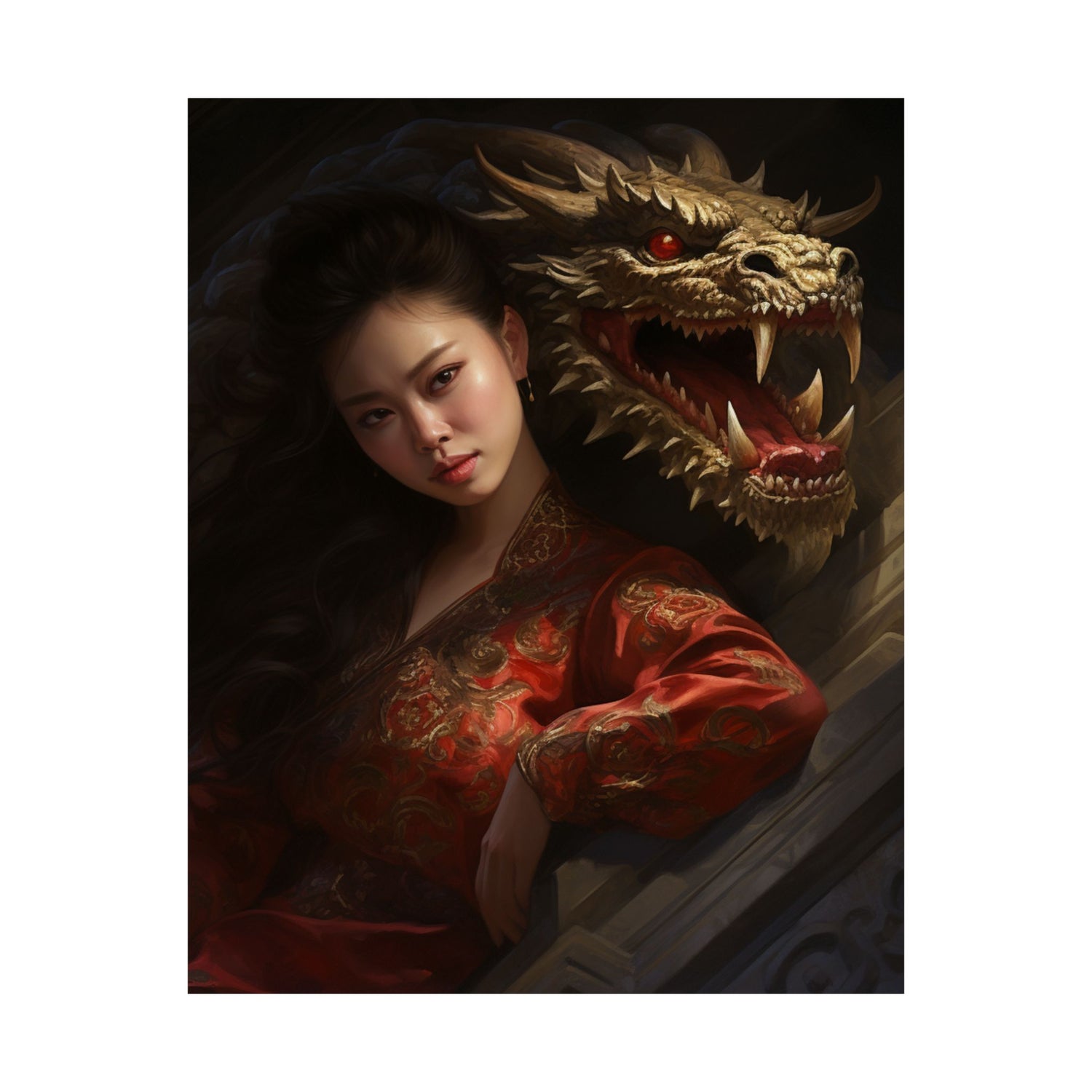 Matte Vertical Poster — Asian Warrior Woman with Dragon Art Print - The Art Hub