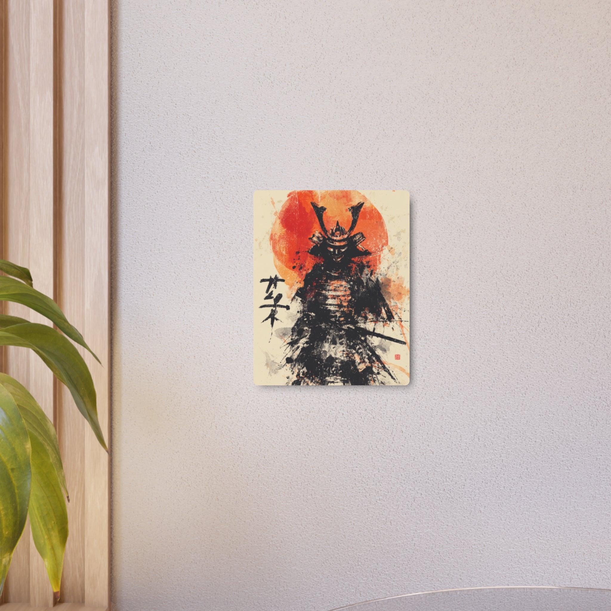 Samurai Metal Art Sign — Ink Wash Warrior with Rising Sun