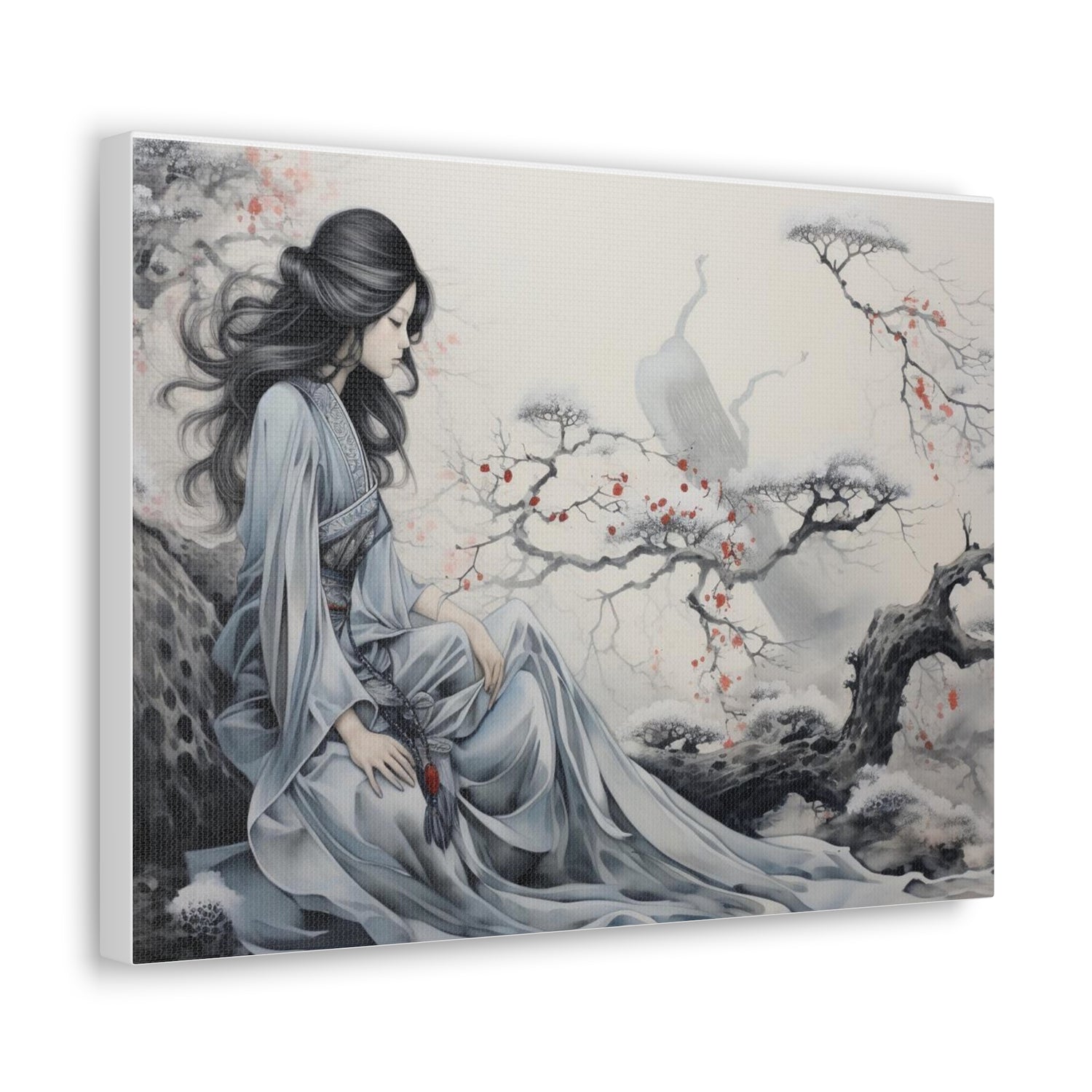 Canvas Wall Art Serene Geisha in Misty Cherry Blossom - The Art Hub