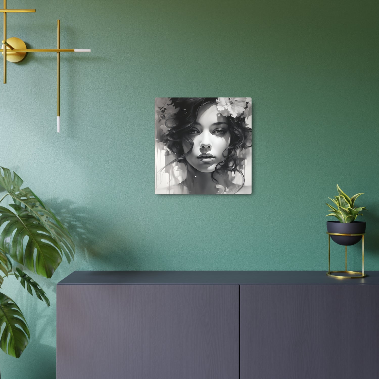 Metal Wall Art Sign — Monochrome Portrait of Woman with Floral Accents - The Art Hub