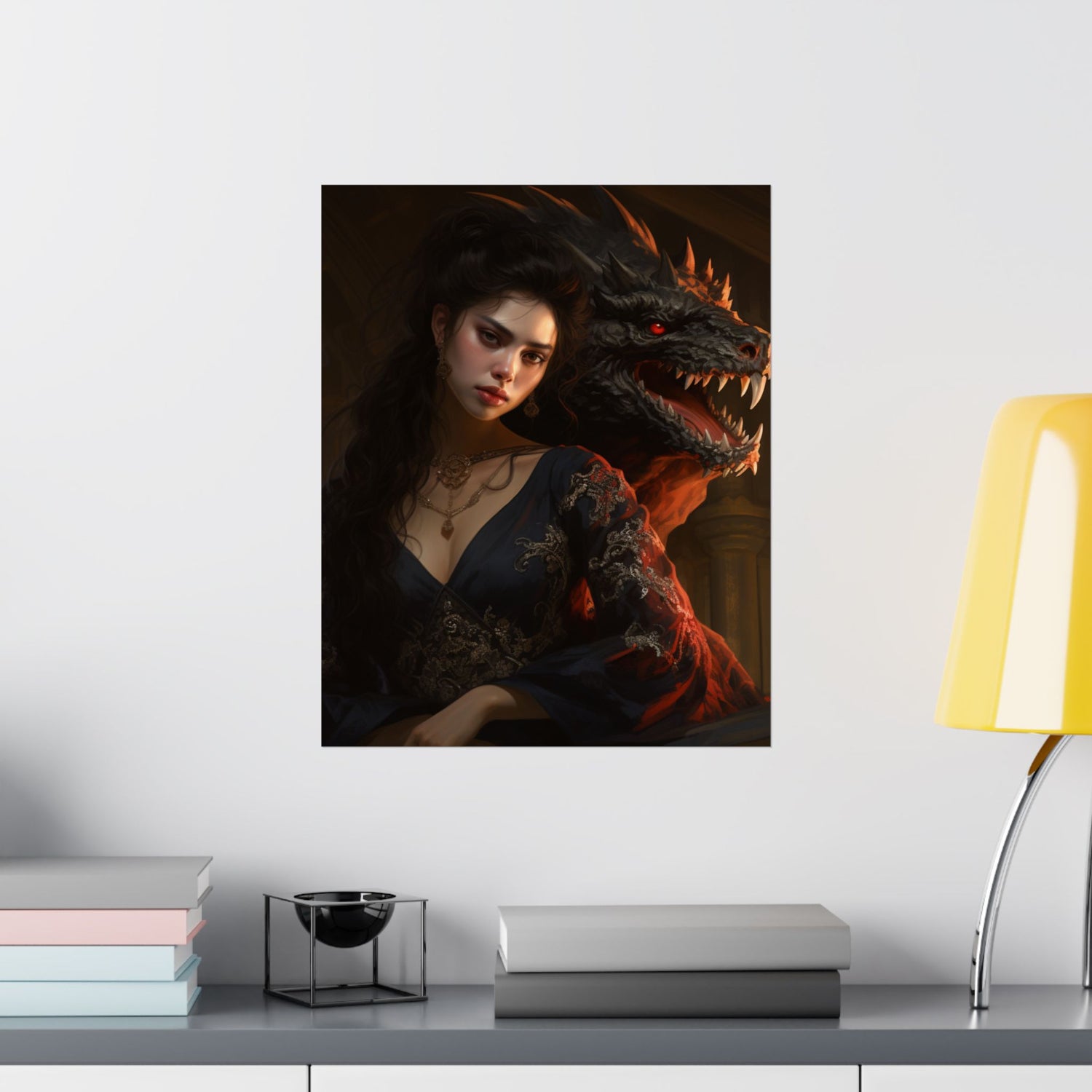 Fantasy Portrait Poster — Dark Sorceress with Dragon Matte Vertical Print - The Art Hub