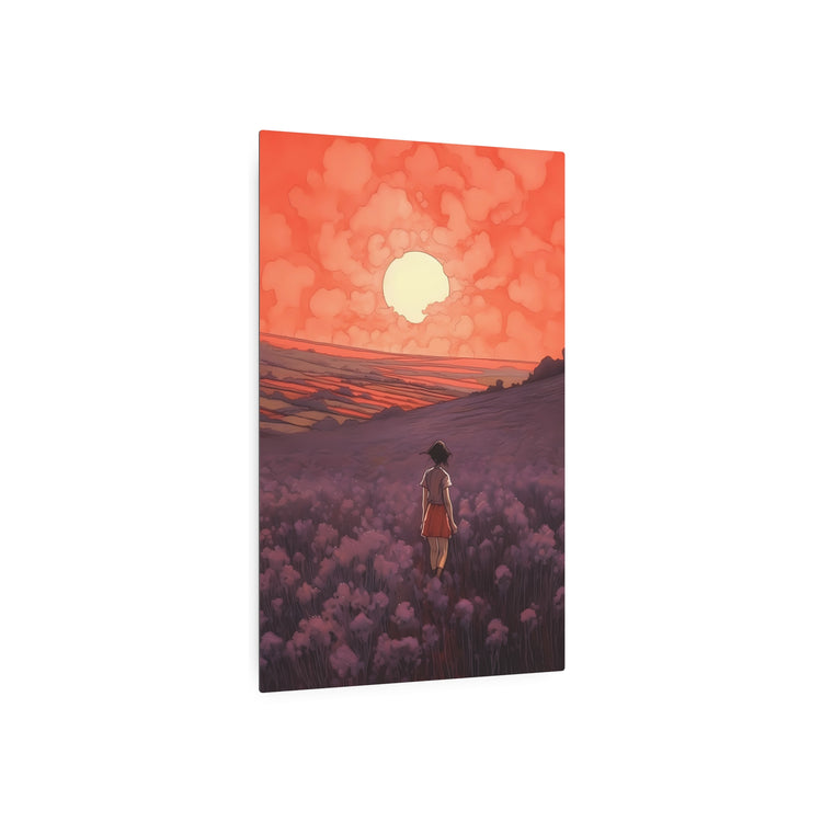 Sunset Meadow Metal Art — Girl Walking Through Lavender Field Wall Decor - The Art Hub