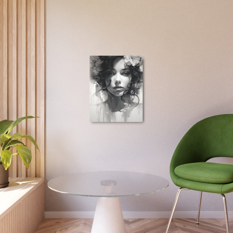 Metal Wall Art Sign — Monochrome Portrait of Woman with Floral Accents - The Art Hub