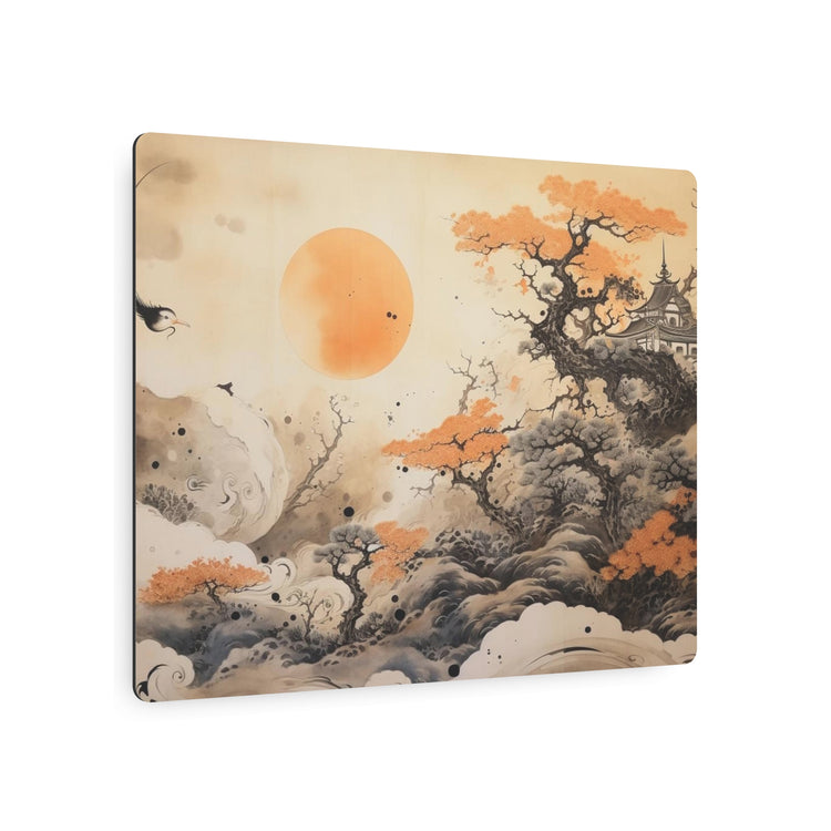 Japanese Landscape Metal Art Orange Sun & Bonsai Trees Wall Decor - The Art Hub