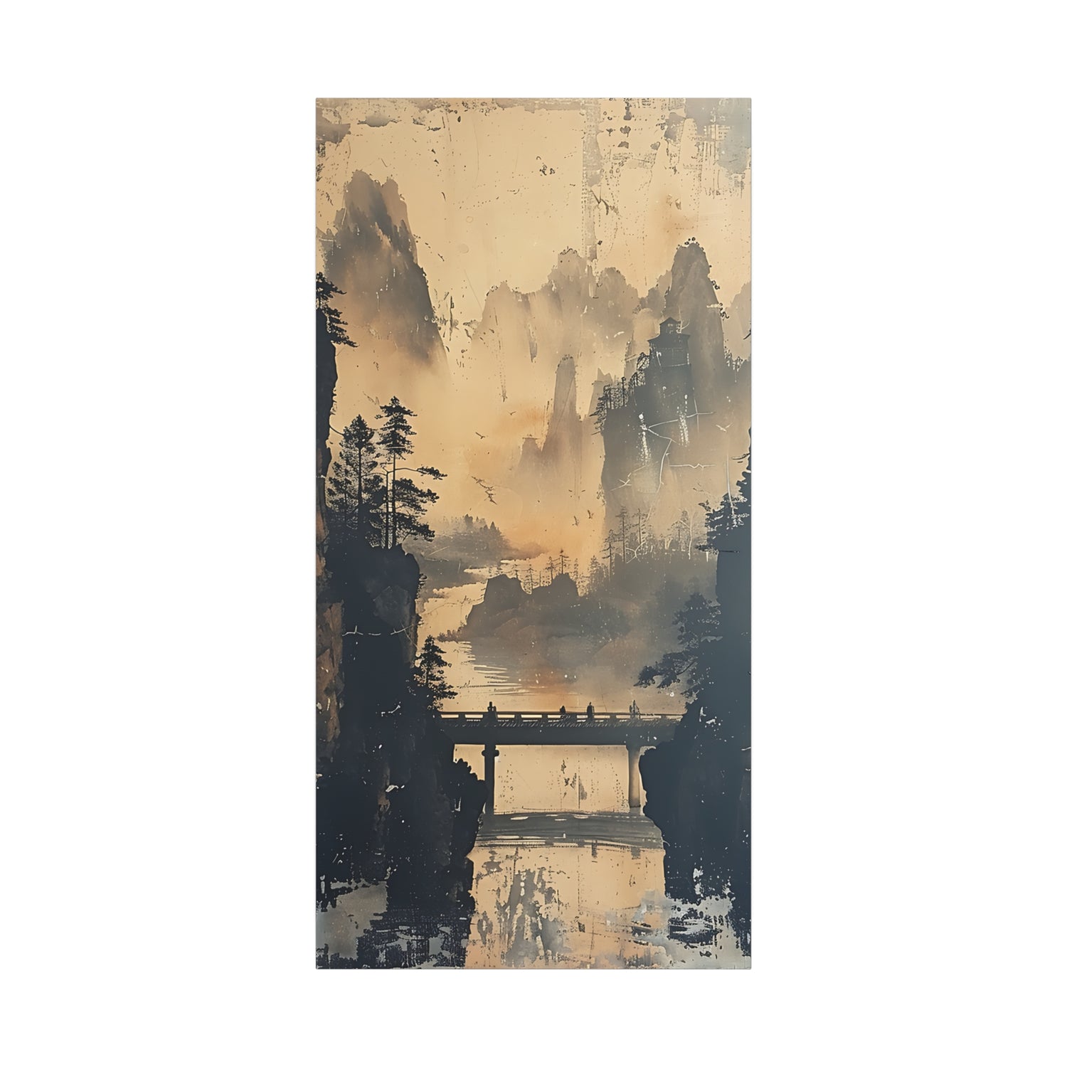 Serene Mountain Bridge Canvas Wall Art — East Asian Landscape Matte Stretched Print - The Art Hub