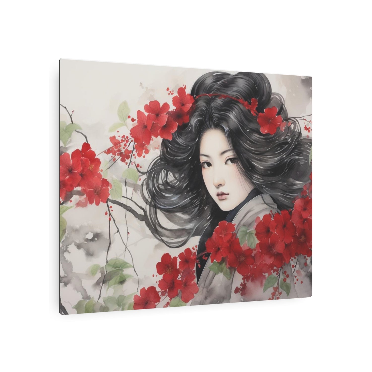 Metal Art Asian Woman with Red Blossoms Decorative Wall Art - The Art Hub