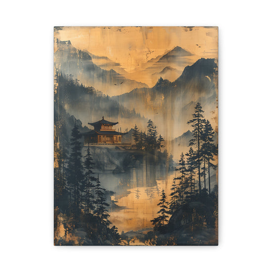 Golden Mist Mountain Landscape Canvas — Asian Pagoda Wall Art - The Art Hub