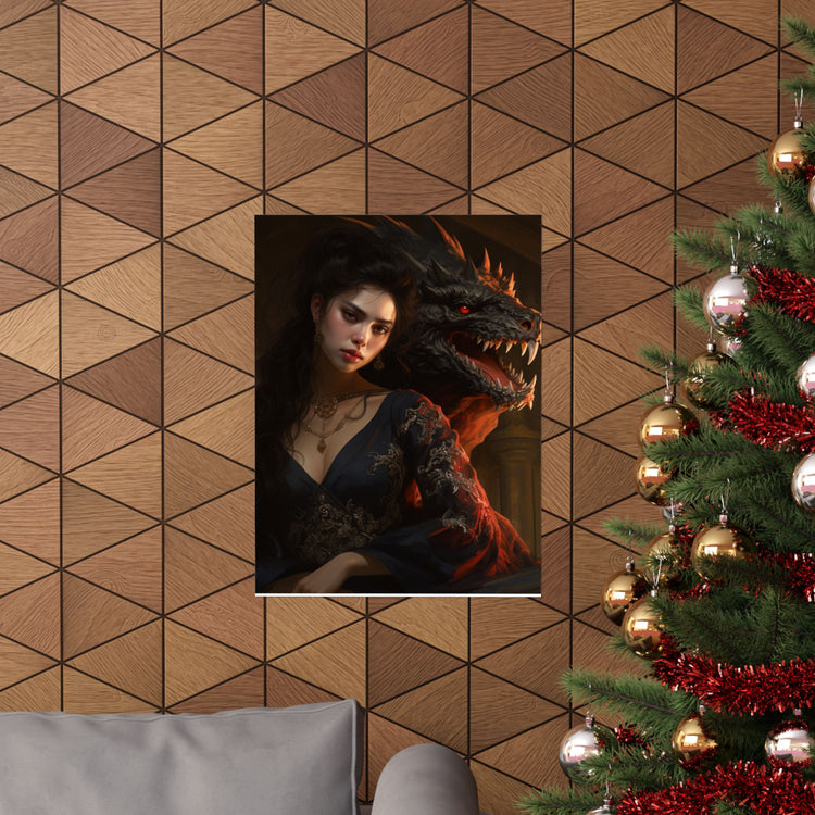 Fantasy Portrait Poster — Dark Sorceress with Dragon Matte Vertical Print - The Art Hub