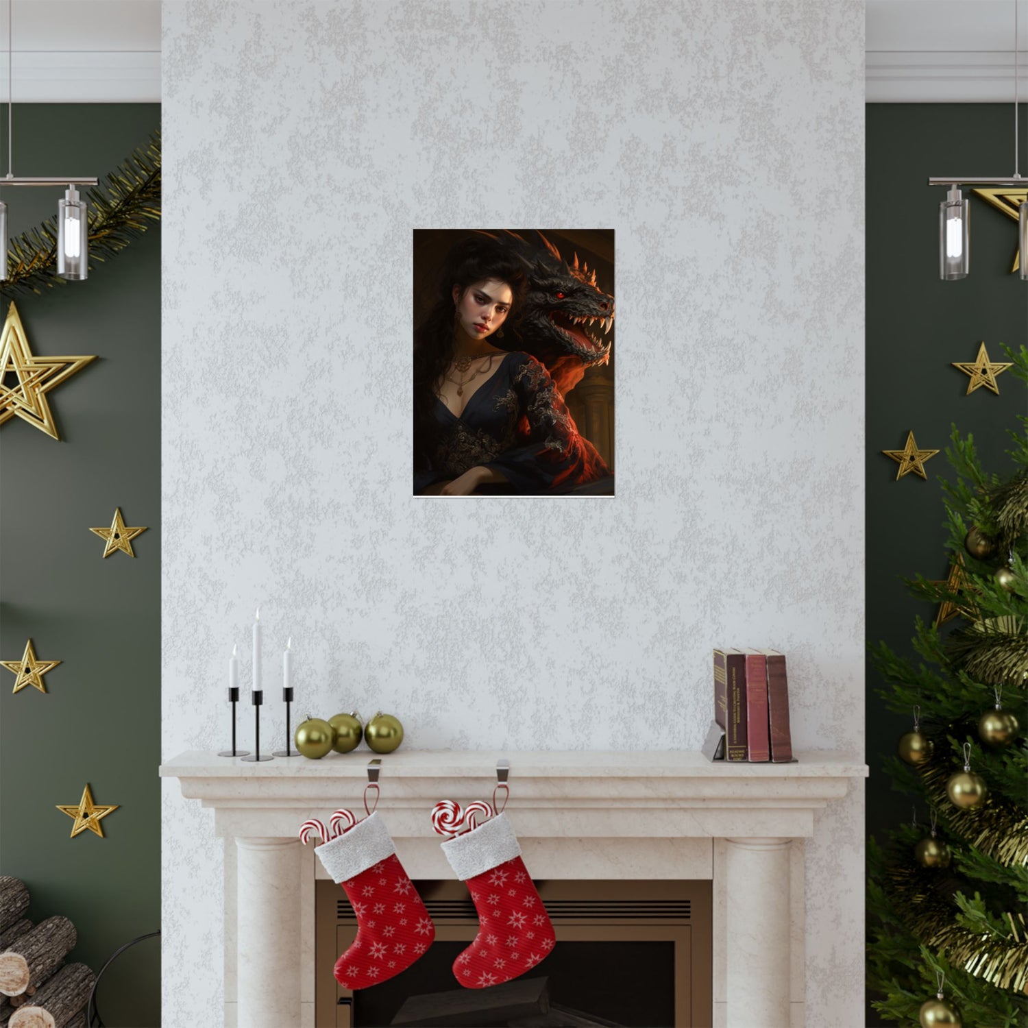 Fantasy Portrait Poster — Dark Sorceress with Dragon Matte Vertical Print - The Art Hub