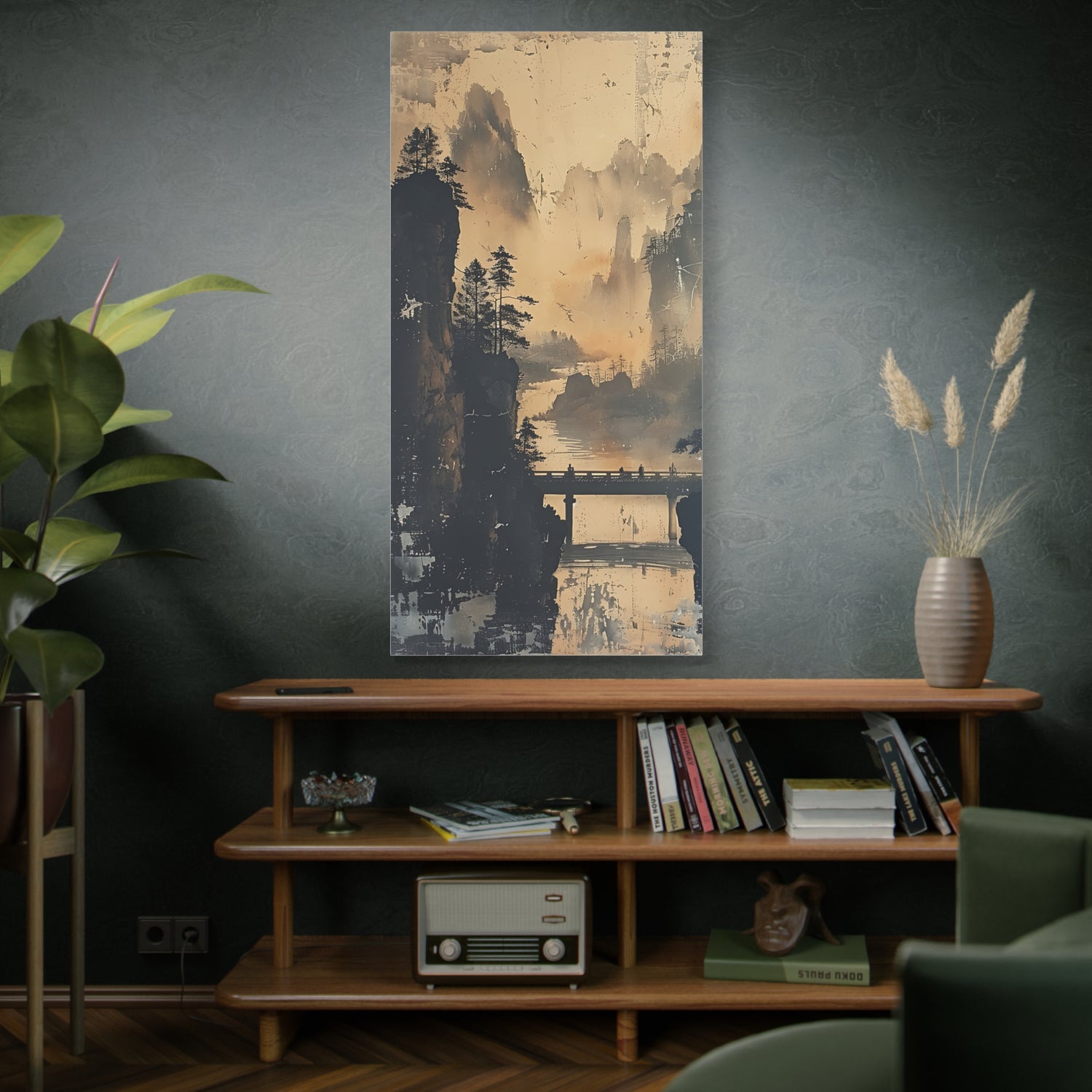 Serene Mountain Bridge Canvas Wall Art — East Asian Landscape Matte Stretched Print - The Art Hub