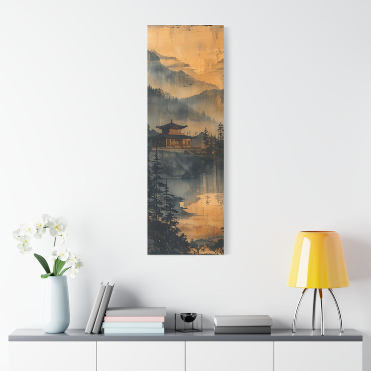 Golden Mist Mountain Landscape Canvas — Asian Pagoda Wall Art - The Art Hub