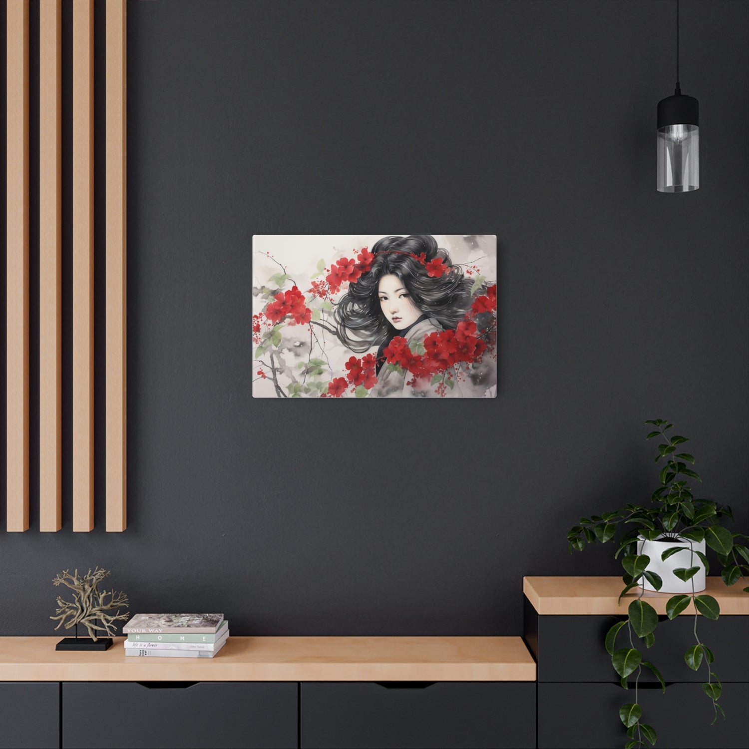 Metal Art Asian Woman with Red Blossoms Decorative Wall Art - The Art Hub