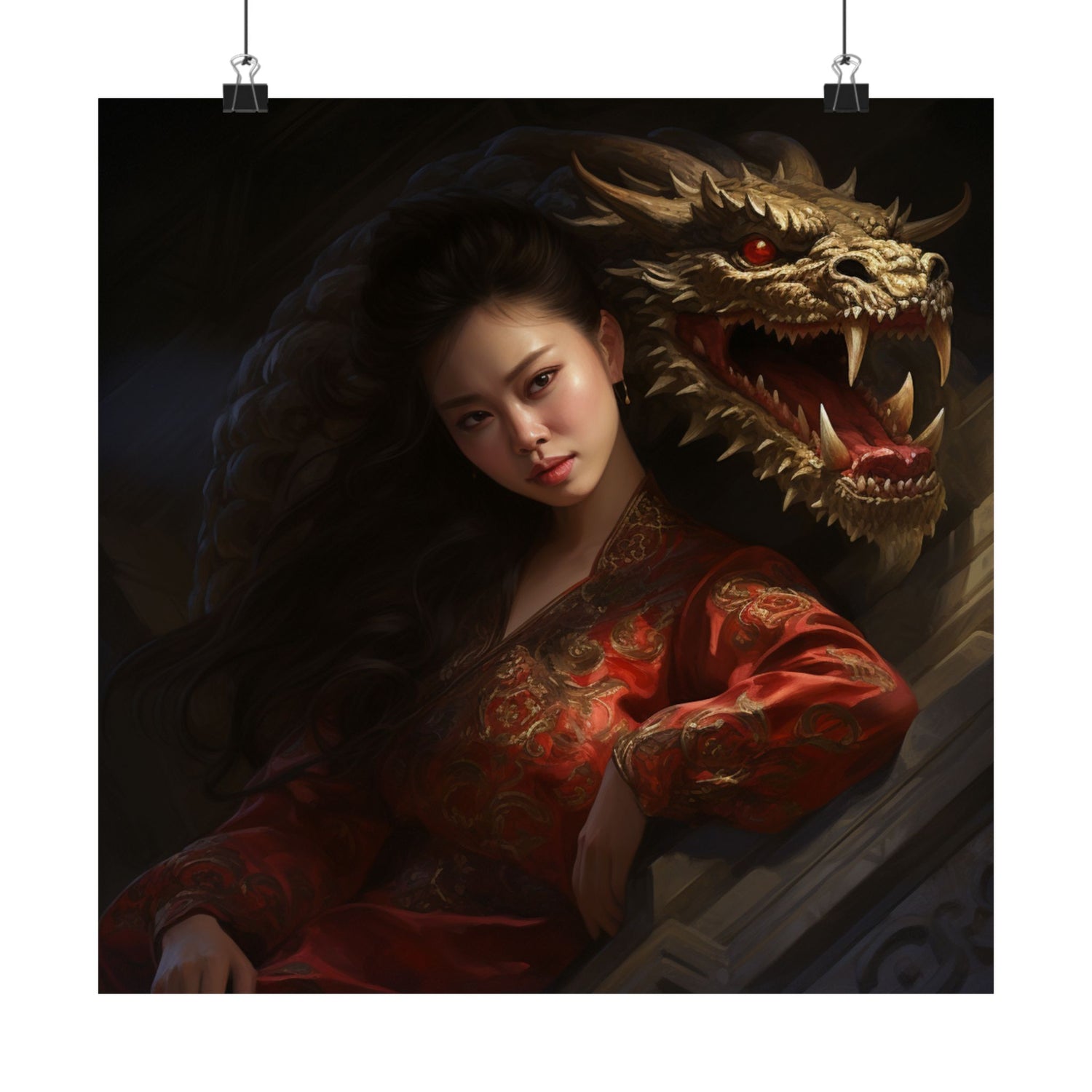 Matte Vertical Poster — Asian Warrior Woman with Dragon Art Print - The Art Hub