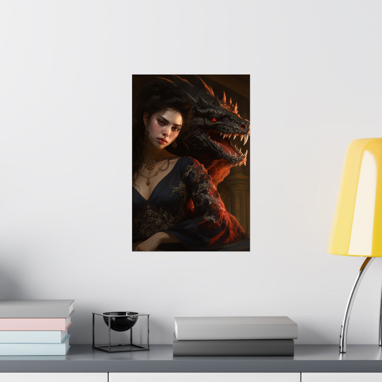 Fantasy Portrait Poster — Dark Sorceress with Dragon Matte Vertical Print - The Art Hub