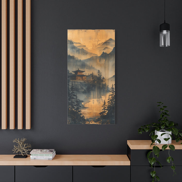 Golden Mist Mountain Landscape Canvas — Asian Pagoda Wall Art - The Art Hub