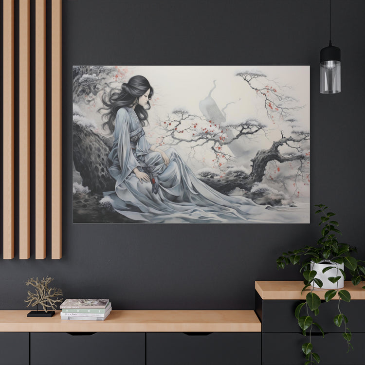 Canvas Wall Art Serene Geisha in Misty Cherry Blossom - The Art Hub