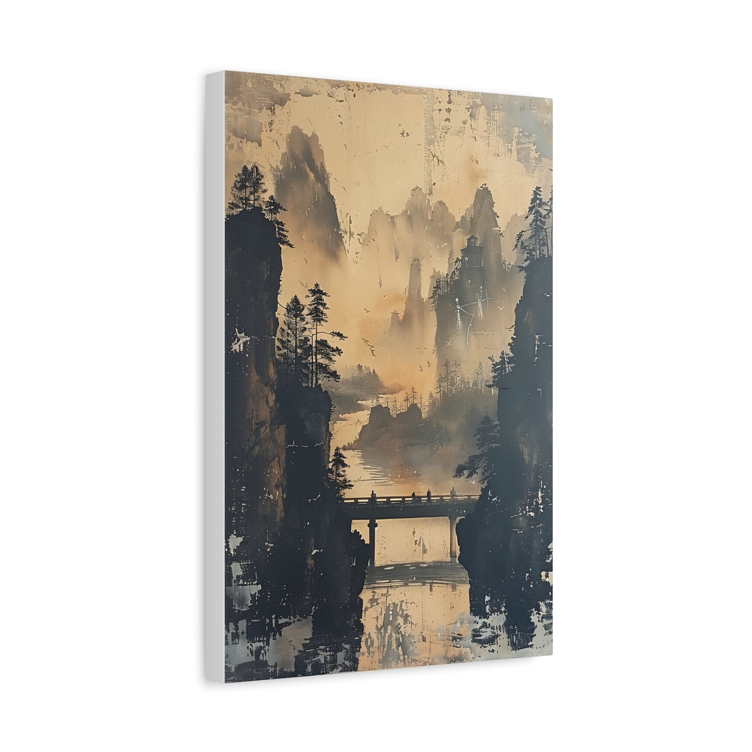Serene Mountain Bridge Canvas Wall Art — East Asian Landscape Matte Stretched Print - The Art Hub