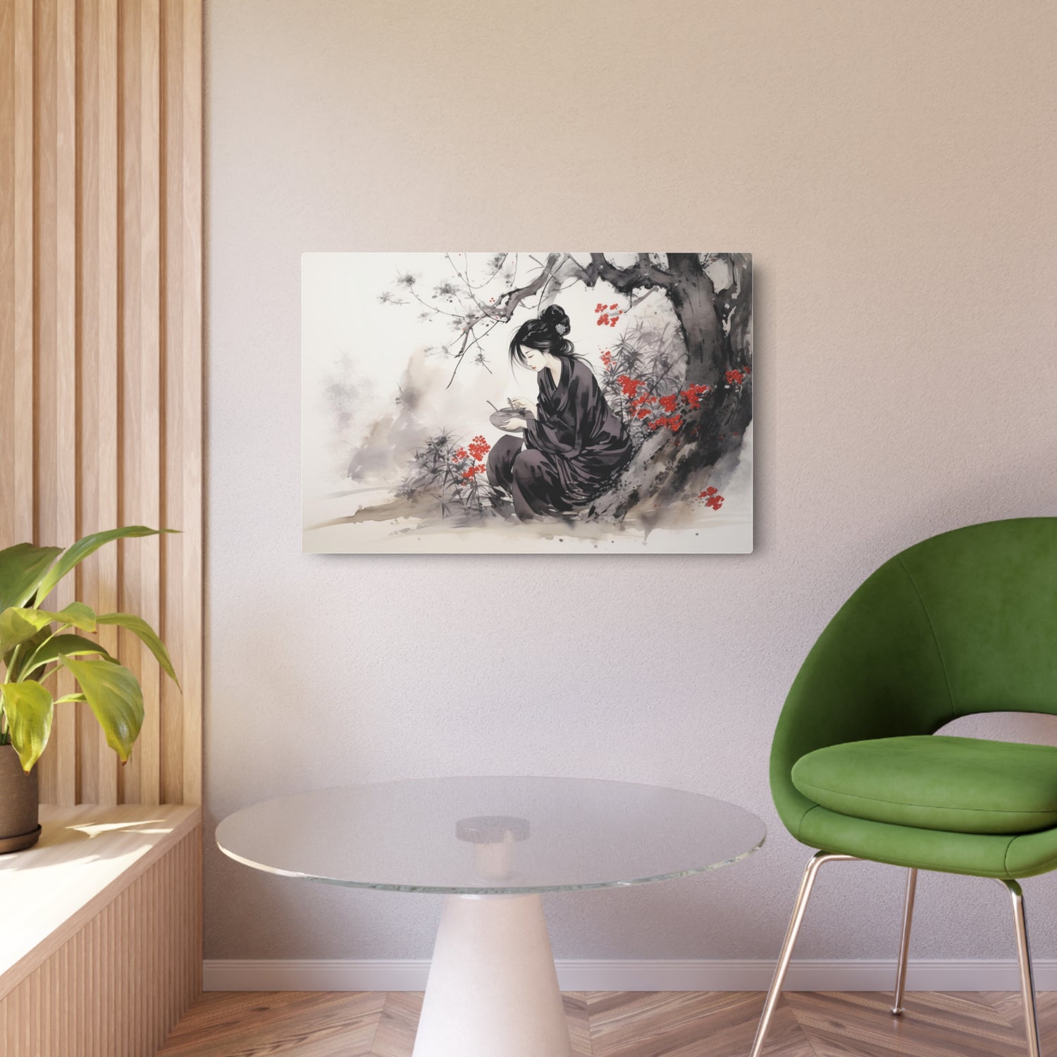 Metal Art Ink Wash Geisha Scene Wall Decor - The Art Hub