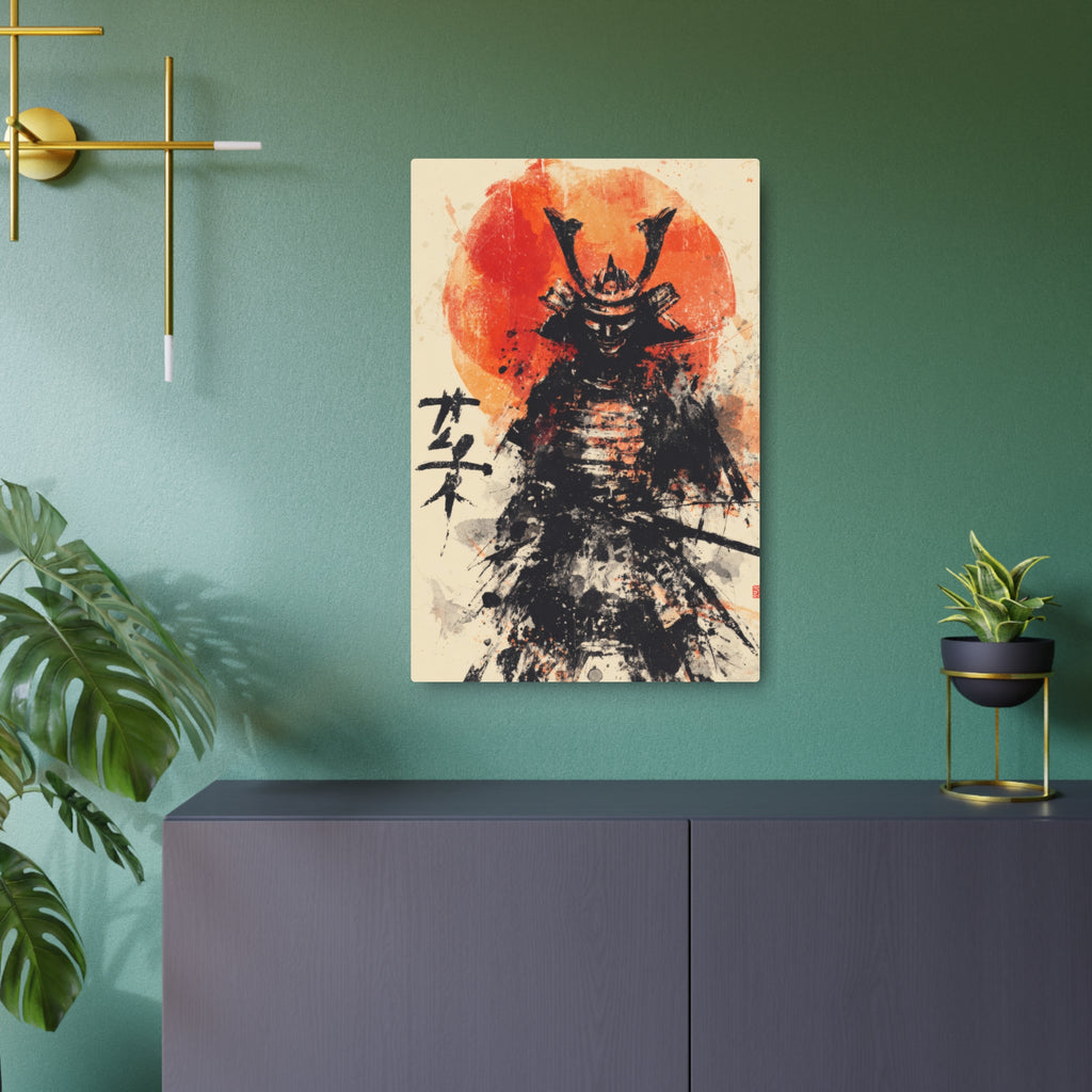 Samurai Metal Art Sign — Ink Wash Warrior with Rising Sun