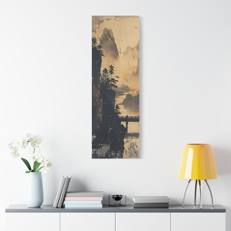 Serene Mountain Bridge Canvas Wall Art — East Asian Landscape Matte Stretched Print - The Art Hub