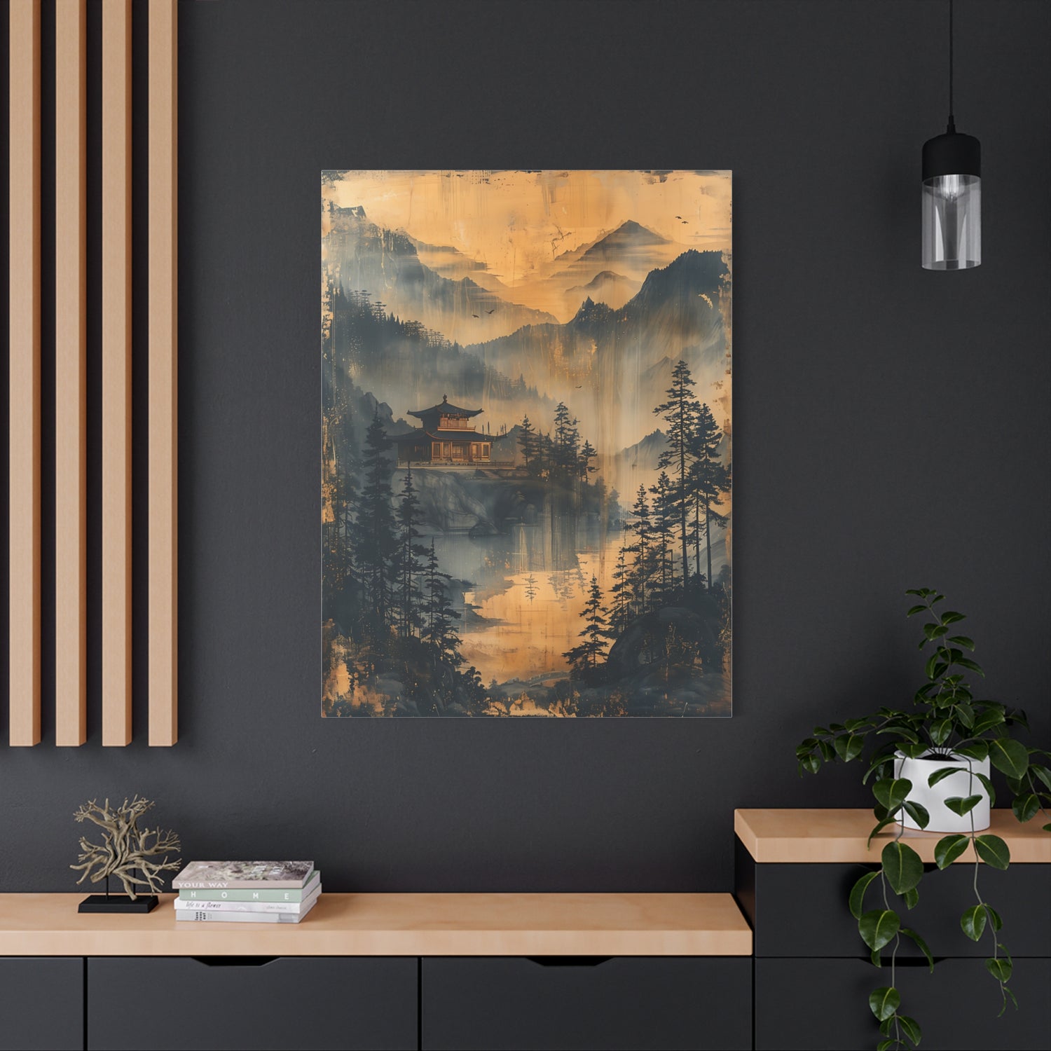 Golden Mist Mountain Landscape Canvas — Asian Pagoda Wall Art - The Art Hub