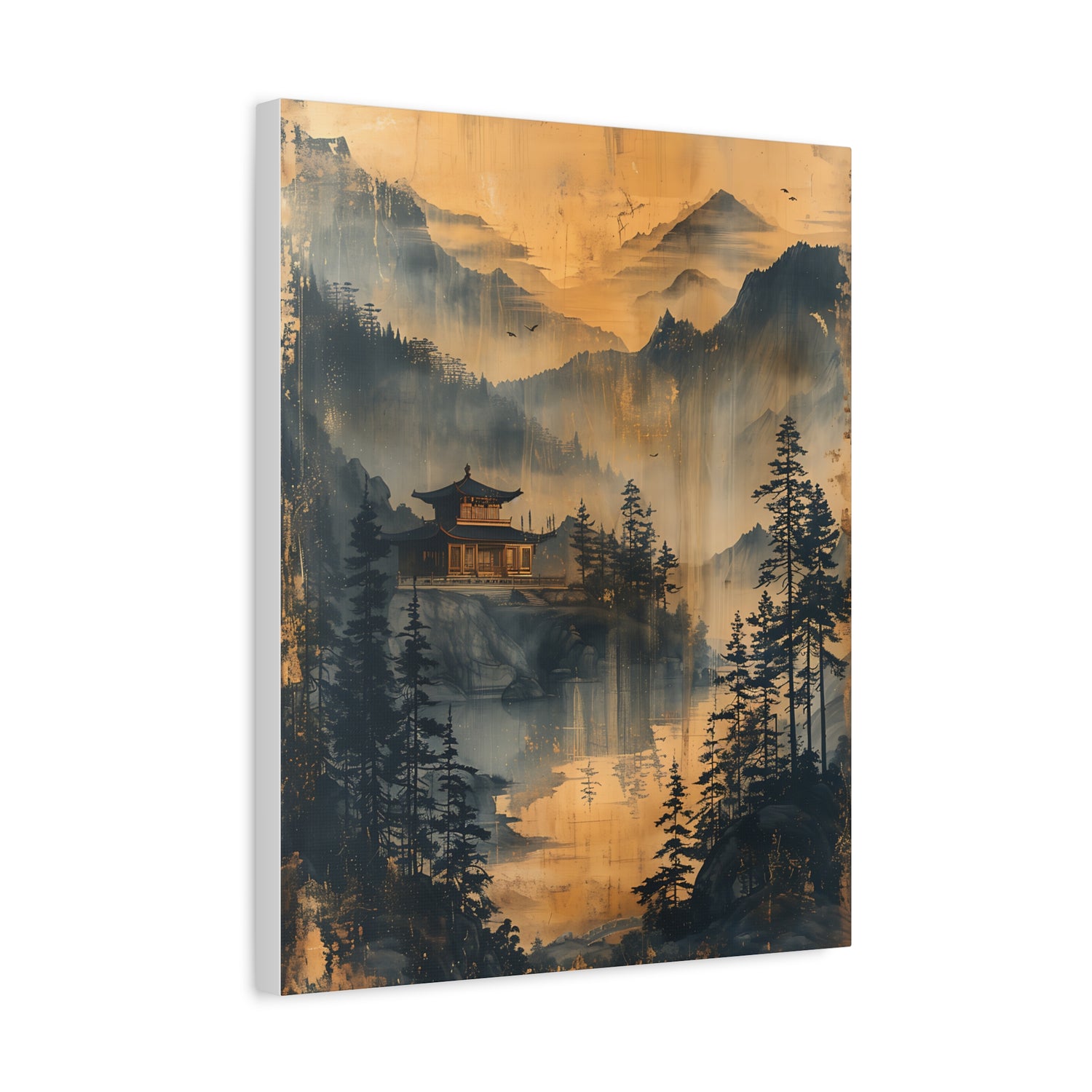 Golden Mist Mountain Landscape Canvas — Asian Pagoda Wall Art - The Art Hub