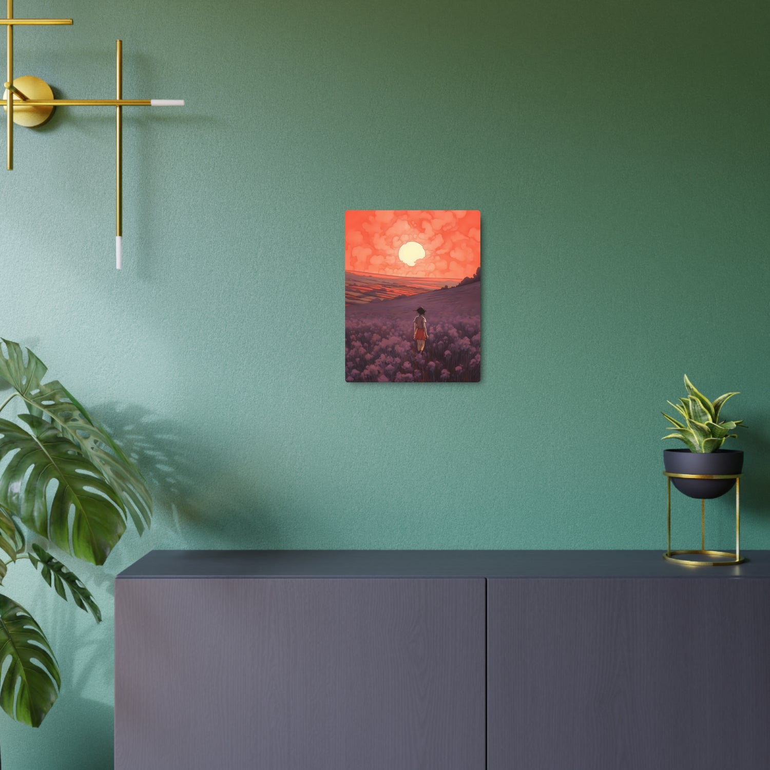 Sunset Meadow Metal Art — Girl Walking Through Lavender Field Wall Decor - The Art Hub