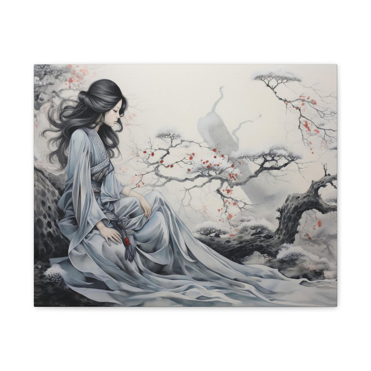 Canvas Wall Art Serene Geisha in Misty Cherry Blossom - The Art Hub