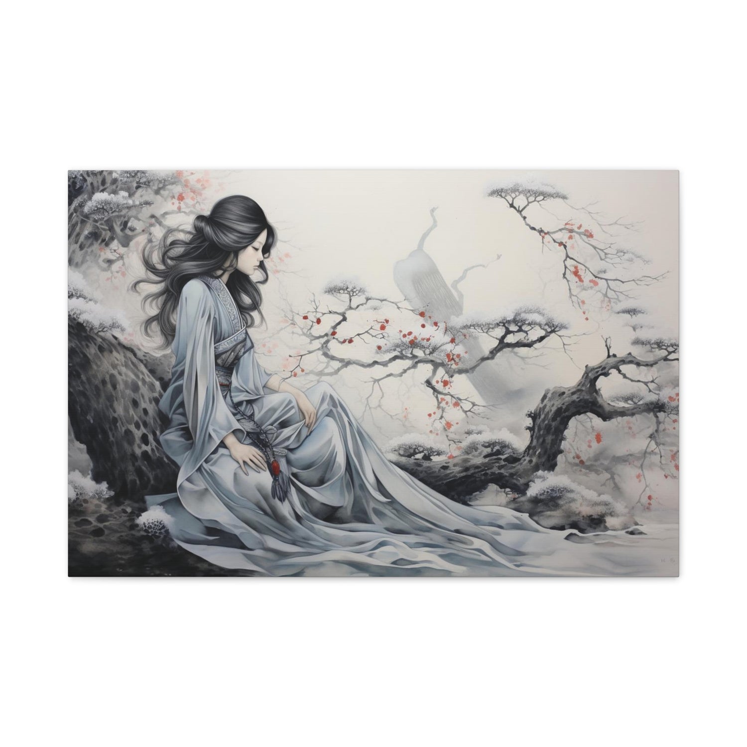 Canvas Wall Art Serene Geisha in Misty Cherry Blossom - The Art Hub