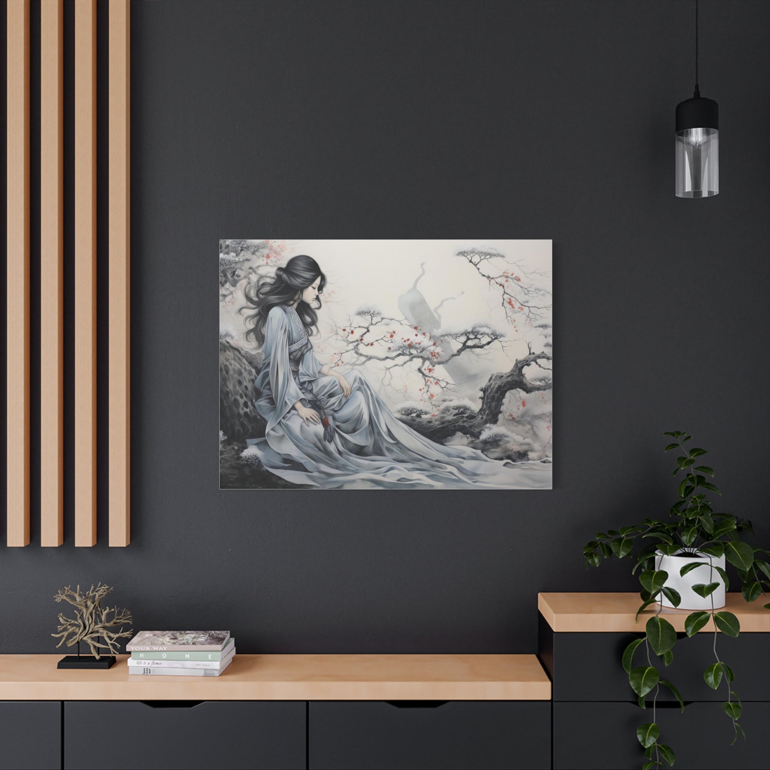 Canvas Wall Art Serene Geisha in Misty Cherry Blossom - The Art Hub