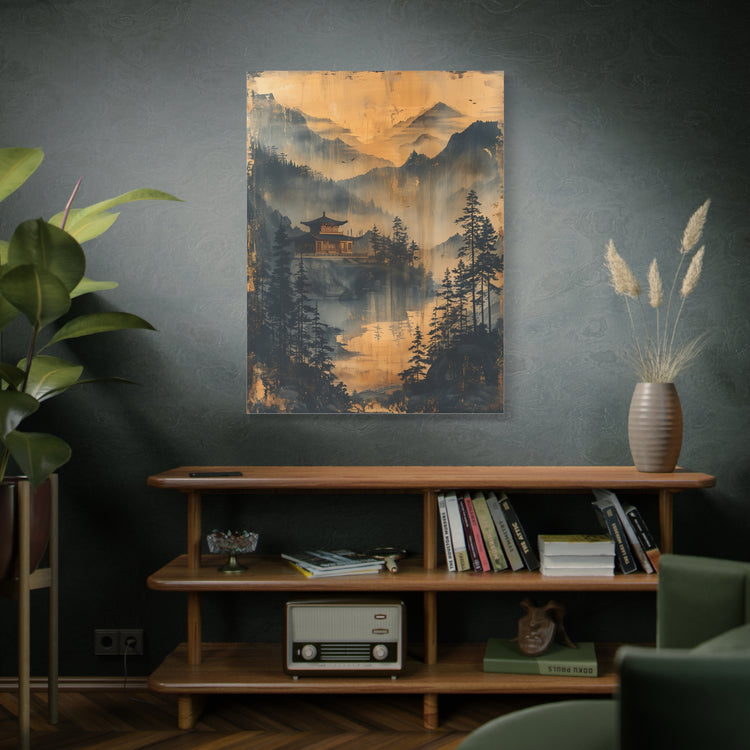 Golden Mist Mountain Landscape Canvas — Asian Pagoda Wall Art - The Art Hub
