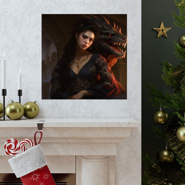 Fantasy Portrait Poster — Dark Sorceress with Dragon Matte Vertical Print - The Art Hub